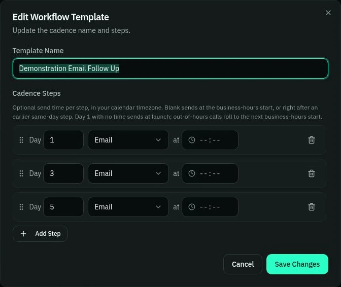 YaroAI workflow template editor with three cadence steps: an email on day 1, day 3 and day 5.